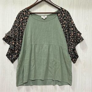 Umgee Women Green Linen Blend Layered Floral Bell Sleeve Top Size M